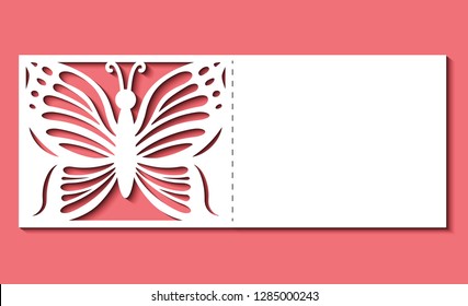 Laser cut template. Card with butterfly for wedding, Valentines, gate fold invitation, greeting, save the day. Cutout openwork vector silhouette. Pattern on the ornate lace insect on red background.
