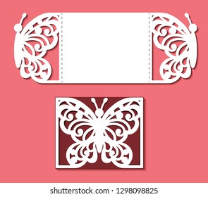 Laser cut template. Card with butterfly for wedding, Valentines, gate fold invitation, greeting, save the day. Cutout openwork vector silhouette. Pattern on the ornate lace insect on red background.