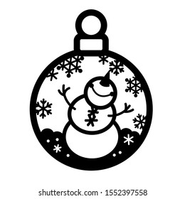 Laser cut template of Christmas ball. Cheerful snowman looks at the snowfall. Xmas tree decoration for paper cut out. Openwork silhouette with lace ornament. Vector isolated illustration on background