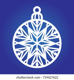 Laser cut template of Christmas ball with a snowflake. Xmas tree decoration for engraving, wood carving. Vector illustration on a blue background. Silhouette of openwork sphere with a lace ornament.