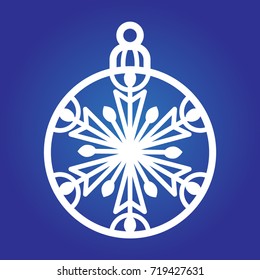 Laser cut template of Christmas ball with a snowflake. Xmas tree decoration for engraving, wood carving. Vector illustration on a blue background. Silhouette of openwork sphere with a lace ornament.