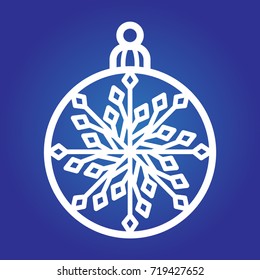 Laser cut template of Christmas ball with a snowflake. Xmas tree decoration for engraving, wood carving. Vector illustration on a blue background. Silhouette of openwork sphere with a lace ornament.