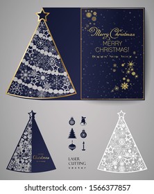 Laser cut template for Christmas cards, square invitation for party with Christmas tree cutout of paper.  