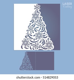 Laser cut template for Christmas cards, square invitation for party with Christmas tree cutout of paper. Image suitable for laser cutting, plotter cutting or printing. 