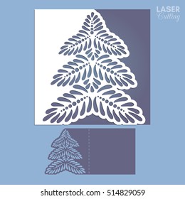 Laser cut template for Christmas cards, square invitation for party with Christmas tree cutout of paper. Image suitable for laser cutting, plotter cutting or printing. 