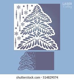 Laser cut template for Christmas cards, square invitation for party with Christmas tree cutout of paper. Image suitable for laser cutting, plotter cutting or printing. 