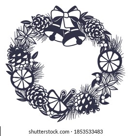 Laser cut template. Christmas wreath  decorated with fir branch, bell, pine cones, bow, orange slice. Christmas decor for window. Paper cutout art. Vector. New year black and white silhouette. 