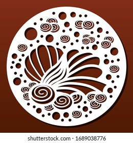 Laser cut template. Circular panel pattern for diy laser cutting. Design with seashells and underwater world.Vector ornament for paper art, fretwork, wall decor or wood coasters. 