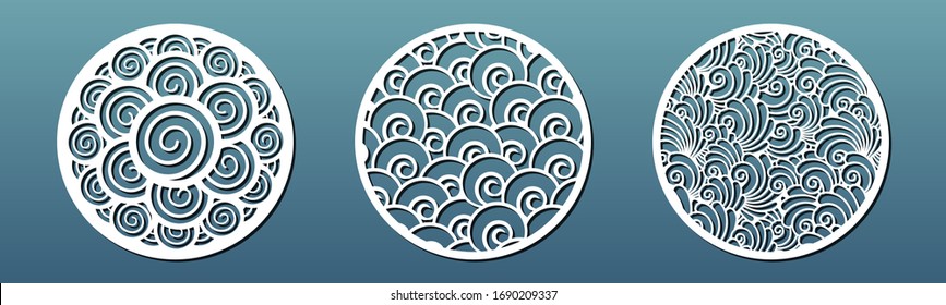 Plantilla de corte láser. Panel circular para corte cnc con un patrón geométrico abstracto con remolinos de espiral y conchas marinas. Para decoración de pared, arte, diseño de montaña, papel o fretworkl. Vector