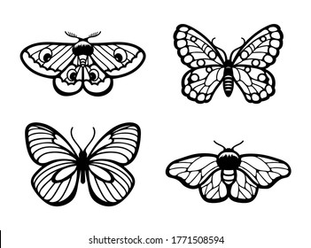 Plantilla de corte láser. Colección de mariposas negras aisladas. Siluetas volando insectos. Conjunto de iconos. Plantilla de tallado de madera para la invitación a la boda, tarjeta de saludo. Stencil. Sello. insecto vectorial.