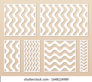 Laser cut template collection. Vector stencil with abstract geometric pattern, wavy lines, stripes. Swatch for laser cutting, wooden panel, metal, engraving, carving. 