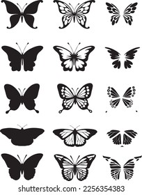 Plantilla de corte láser y plantilla de máquina de corte, conjunto vectorial de mariposas. Insectos volando para bodas y tarjetas de cumpleaños. Cinco vectores diferentes de mariposa con tres capas para diferentes efectos.