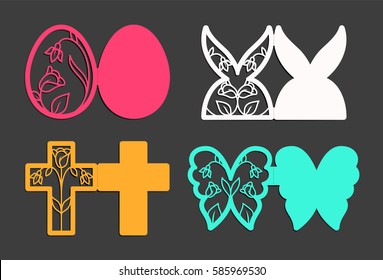 Laser Cut Template For Easter Greeting Cards, Invitations. Easter Egg, Cross, Rabbit, Butterfly With A Pattern Cut Out Of Paper. Image Suitable For Laser Cutting, Plotter Cutting Or Printing.