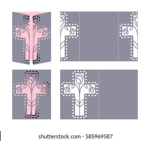 Laser Cut Template For Easter Greeting Cards, Invitations. Easter Cross With A Pattern Cut Out Of Paper. Image Suitable For Laser Cutting, Plotter Cutting Or Printing.