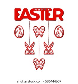 Laser cut template for Easter invitation, congratulation or greeting cards. The word "Easter", eggs, butterfly, cross and rabbits  with a floral pattern cut out of paper. 