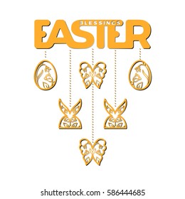 Laser cut template for Easter invitation, congratulation or greeting cards. The word "Easter", eggs, butterfly, cross and rabbits  with a floral pattern cut out of paper. 