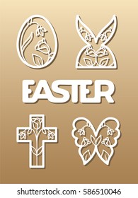 Laser cut template for Easter invitation, congratulation or greeting cards. The word "Easter", egg, butterfly, cross and rabbit  with a floral pattern cut out of paper. 