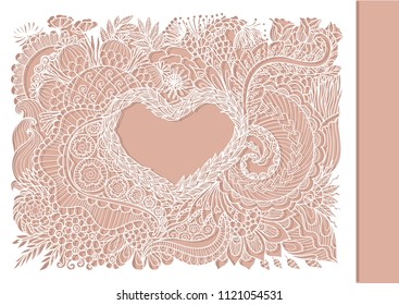 Laser cut template filigree lines of flowers around heart shape for wedding invitations,Valentines card and other decorations. Vector illustrations