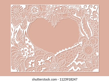 Laser cut template filigree lines of flowers around heart shape for wedding invitations,Valentines card and other decorations. Vector illustrations