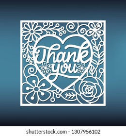 Laser cut template floral card with handdraw lettering "Thank you".