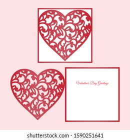 Laser cut template of fold card with patterned heart for brochures, wedding invitations or Valentine's Day greeting card.