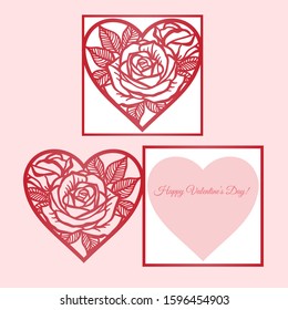 Laser cut template of fold card with roses patterned heart for brochures, wedding invitations or Valentine's Day greeting card.