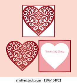 Laser cut template of fold card with patterned heart for brochures, wedding invitations or Valentine's Day greeting card.