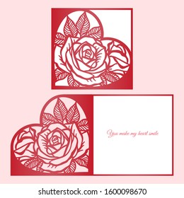 Laser cut template of fold card with roses patterned heart for brochures, wedding invitations or Valentine's Day greeting card.