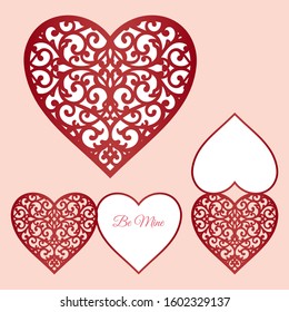 Laser cut template of fold card with patterned heart for brochures, wedding invitations or Valentine's Day greeting card.