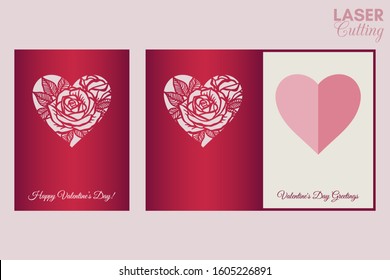 Laser cut template of fold card with roses patterned heart for brochures, wedding invitations or Valentine's Day greeting card.