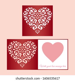 Laser cut template of fold card with patterned heart for brochures, wedding invitations or Valentine's Day greeting card.