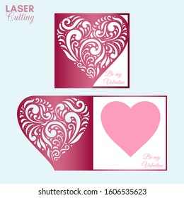 Laser cut template of fold card with patterned heart for brochures, wedding invitations or Valentine's Day greeting card.