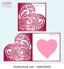 Laser cut template of fold card with patterned heart for brochures, wedding invitations or Valentine's Day greeting card.