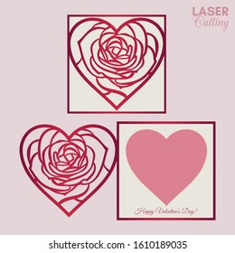 Laser cut template of fold card with roses patterned heart for brochures, wedding invitations or Valentine's Day greeting card.