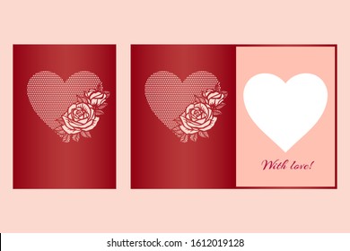 Laser cut template of fold card with roses patterned heart for brochures, wedding invitations or Valentine's Day greeting card.