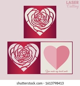 Laser cut template of fold card with roses patterned heart for brochures, wedding invitations or Valentine's Day greeting card.