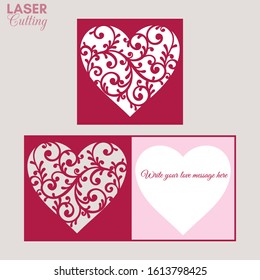 Laser cut template of fold card with patterned heart for brochures, wedding invitations or Valentine's Day greeting card.