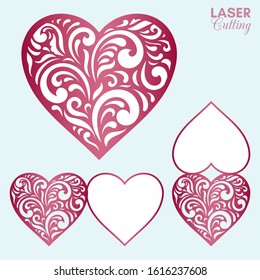Laser cut template of fold card with patterned heart for brochures, wedding invitations or Valentine's Day greeting card.