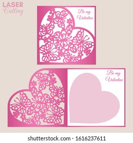 Laser cut template of fold card with butterflies and flowers patterned heart for brochures, wedding invitations or Valentine's Day greeting card.