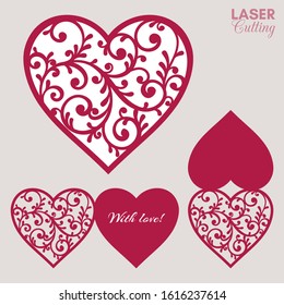 Laser cut template of fold card with patterned heart for brochures, wedding invitations or Valentine's Day greeting card.