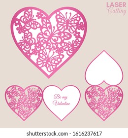 Laser cut template of fold card with butterflies and flowers patterned heart for brochures, wedding invitations or Valentine's Day greeting card.