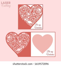 Laser cut template of fold card with peonies flowers and leaves patterned heart for brochures, wedding invitations or Valentine's Day greeting card.