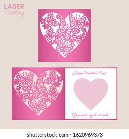 Laser cut template of fold card with butterflies and flowers patterned heart for brochures, wedding invitations or Valentine's Day greeting card.