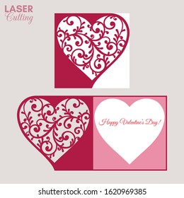 Laser cut template of fold card with patterned heart for brochures, wedding invitations or Valentine's Day greeting card.