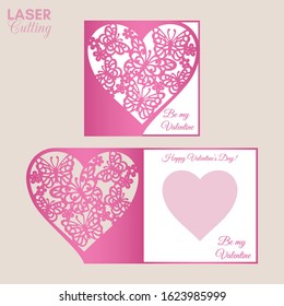 Laser cut template of fold card with butterflies and flowers patterned heart for brochures, wedding invitations or Valentine's Day greeting card.