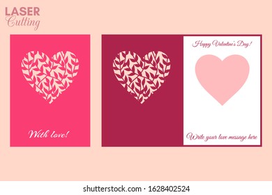 Laser cut template of fold card with leaves on the branches patterned heart for brochures, wedding invitations or Valentine's Day greeting card.