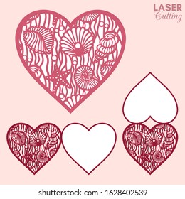 Laser cut template of fold card with sea shells patterned heart for brochures, wedding invitations or Valentine's Day greeting card.