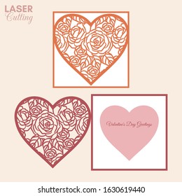 Laser cut template of fold card with roses and leaves patterned heart for brochures, wedding invitations or Valentine's Day greeting card.