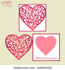 Laser cut template of fold card with patterned heart for brochures, wedding invitations or Valentine's Day greeting card.