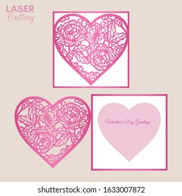 Laser cut template of fold card with peonies flowers and leaves patterned heart for brochures, wedding invitations or Valentine's Day greeting card.